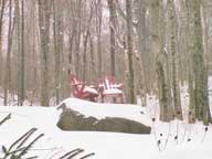 =Adirondack chairs in the snow.