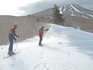 Ruts and Bagel at the top the Little Pico Chair.  Notice the wind blown snow.