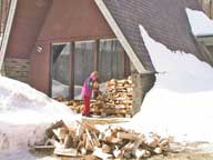 Stacking the last load of winter firewood.