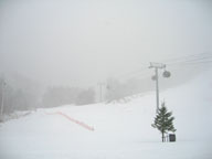 Killington Peak obscured by heavy snow at the K1 Base Lodge