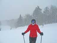 =Mary with snow swirling at the junction of Great Eastern and Cruise Control taken March 31, 2008