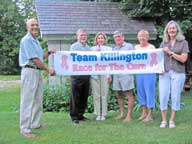 =2008 Check Ceremony at the Birch Ridge Inn. Team Killington member Dr. George Lyons, Innkeepers Bill Vines and Mary Furlong, Team Killington organizers Dick and Noel Gluck, and team member Charlotte Lang. (L-R)