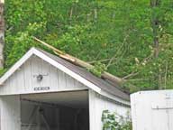 =Fallen tree sitting on roof of Covered Carriageway at the Birch Ridge Inn