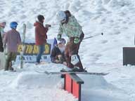 Mom - I need a new pair of skis! One of the competitors enjoying the Rail Jam today at Killington