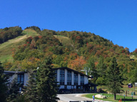 Fall color just starting to appear at K1 base lodge at Killington